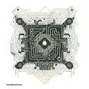 A cpu with runes instead of circuit lines leading away from it and ending in circles of runes and lines. tattoo design idea