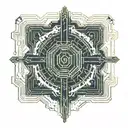 A cpu with runes instead of circuit lines leading away from it and ending in circles of runes and lines. tattoo design idea