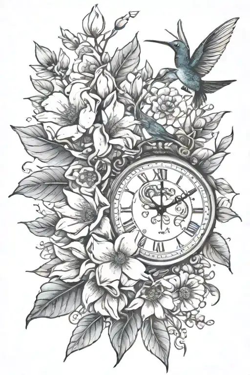 magnolia leaves, magnolias, lavender, daisies, wildflowers & hummingbird with small clock face tattoo design idea