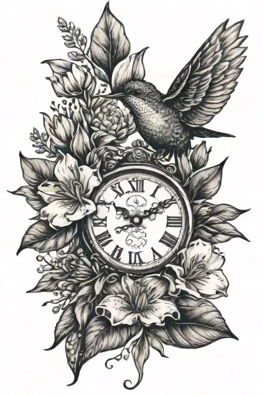 magnolia leaves, magnolias, tulips, lavender, babies breath, daisies & hummingbird with clock face tattoo design idea