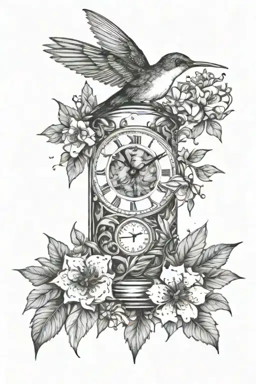 leaves flowers clock candle humming bird mashup tattoo tattoo design idea