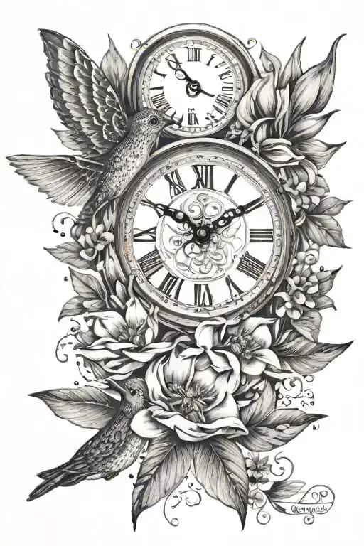 magnolia leaves, magnolias, tulips, lavender, babies breath, daisies & hummingbird with small  clock face tattoo design idea