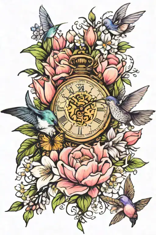 magnolia leaves, magnolias, tulips, lavender, babies breath, daisies & hummingbird with clock face tattoo design idea
