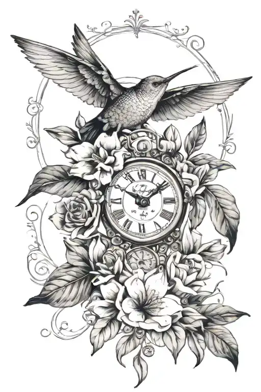 magnolia leaves, magnolias, tulips, lavender, babies breath, daisies & hummingbird with small  clock face tattoo design idea