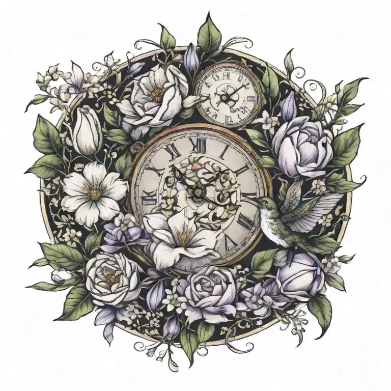 magnolia leaves, magnolias, tulips, lavender, babies breath, daisies & hummingbird with clock face tattoo design idea