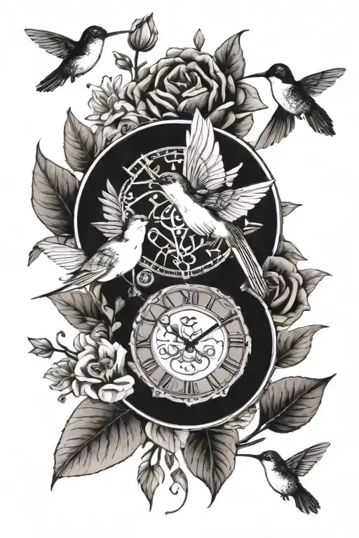 3 clock faces in flower bouquet with greenery and a hummingbird tattoo design idea