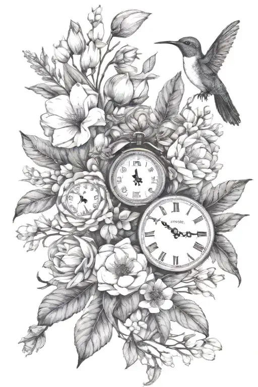 magnolia leaves, magnolias, tulips, lavender, babies breath, daisies & hummingbird with small  clock face tattoo design idea