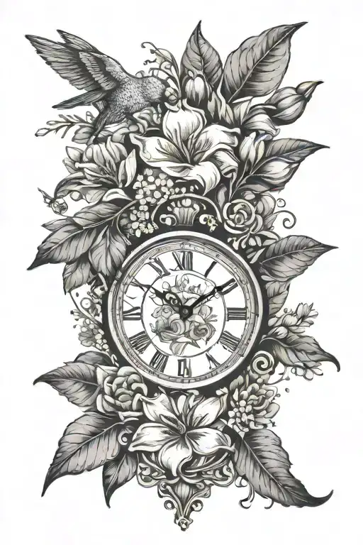 magnolia leaves, magnolias, tulips, lavender, babies breath, daisies & hummingbird with small  clock face tattoo design idea