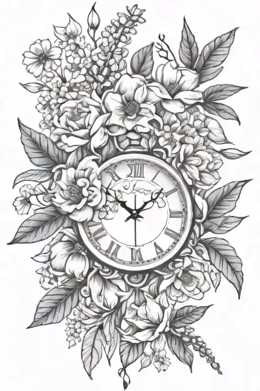 magnolia leaves, magnolias, tulips, lavender, babies breath, daisies & hummingbird with small  clock face tattoo design idea