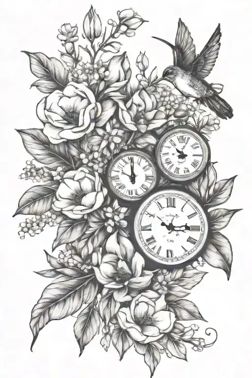 magnolia leaves, magnolias, tulips, lavender, babies breath, daisies & hummingbird with small  clock face tattoo design idea