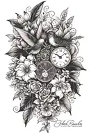 magnolia leaves, magnolias, tulips, lavender, babies breath, daisies & hummingbird with small  clock face tattoo design idea