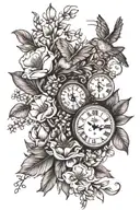 magnolia leaves, magnolias, tulips, lavender, babies breath, daisies & hummingbird with small  clock face tattoo design idea