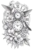 magnolia leaves, magnolias, tulips, lavender, babies breath, daisies & hummingbird with small  clock face tattoo design idea