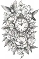 magnolia leaves, magnolias, tulips, lavender, babies breath, daisies & hummingbird with small  clock face tattoo design idea