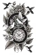 3 clock faces in flower bouquet with greenery and a hummingbird tattoo design idea