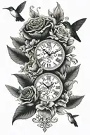 3 clock faces in flower bouquet with greenery and a hummingbird tattoo design idea