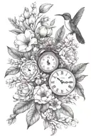 magnolia leaves, magnolias, tulips, lavender, babies breath, daisies & hummingbird with small  clock face tattoo design idea