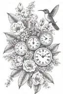 magnolia leaves, magnolias, tulips, lavender, babies breath, daisies & hummingbird with small  clock face tattoo design idea