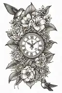magnolia leaves, magnolias, tulips, lavender, babies breath, daisies & hummingbird with small  clock face tattoo design idea