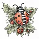 A neotraditional design of a ladybug leading a group of preschoolers on a nature adventure tattoo design idea