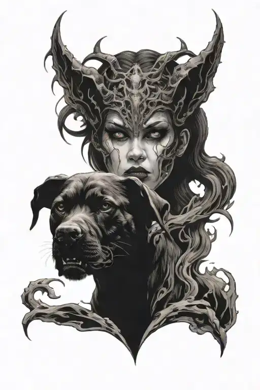 Monster, demon, darkness, woman face, scarry black dog tattoo design idea