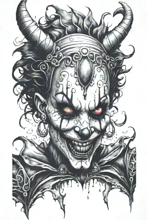 demon, darkness, woman face, scarry devilish clown, tougle tattoo design idea