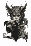 Monster, demon, darkness, woman face, scarry black dog tattoo design idea