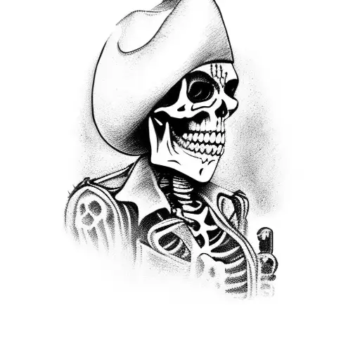 cowboy skeleton in a vest with revolver tattoo design idea