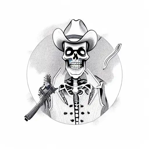 cowboy skeleton in a vest with revolver tattoo design idea