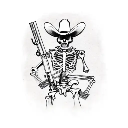 cowboy skeleton with vest on and revolver gun in his hand  tattoo design idea