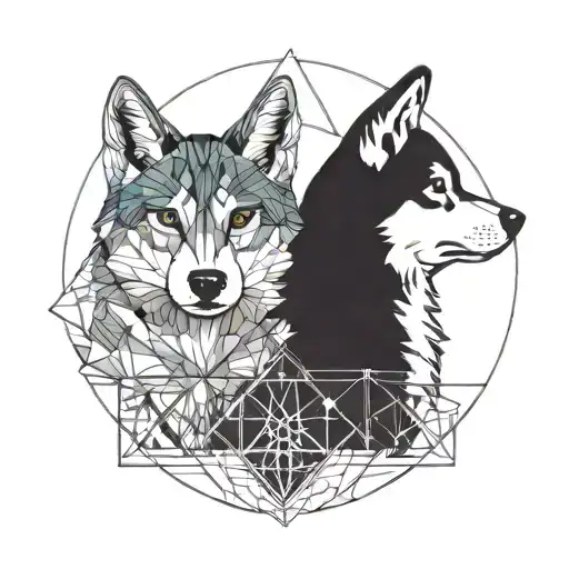 a cat and a husky dog looking in opp osite directions tattoo design idea