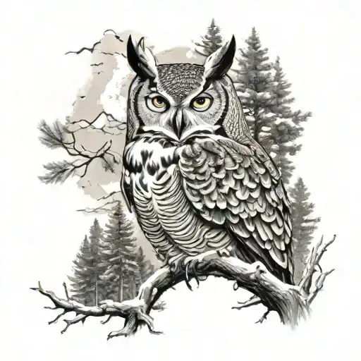 great horned owl fading into trees and mountains  tattoo design idea
