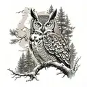 great horned owl fading into trees and mountains  tattoo design idea