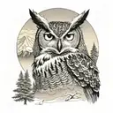 great horned owl fading into trees and mountains  tattoo design idea