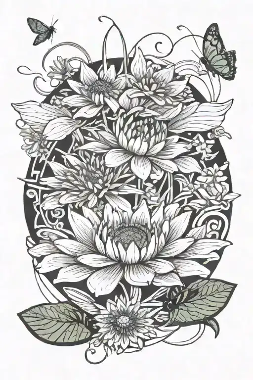 lily pad, daisy flower, 1 bee flying tattoo design idea