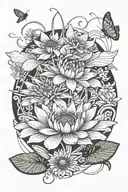 lily pad, daisy flower, 1 bee flying tattoo design idea