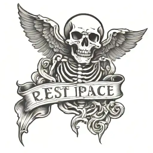 Rest in Peace Skeleton font surrounded tattoo design idea