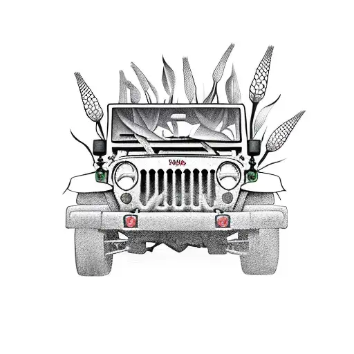 A traditional-style Jeep with cornstalks growing out of the windows tattoo design idea