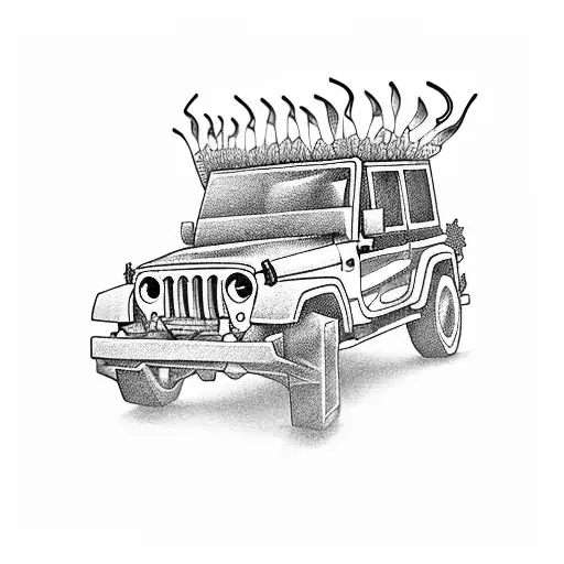 A traditional-style Jeep with cornstalks growing out of the windows tattoo design idea