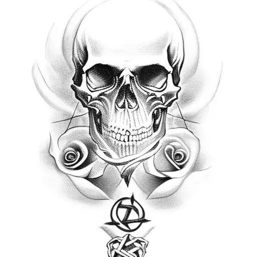 black and gothic style chest tattoo rams skull in middle surrounded by human skulls and roses with a pentagram e tattoo design idea