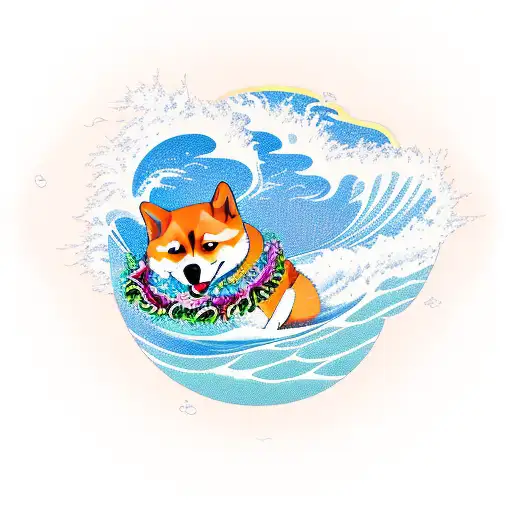 A whimsical new-school design featuring a Shiba Inu surfing on a wave made of books, with a Hawaiian shirt and a lei tattoo design idea