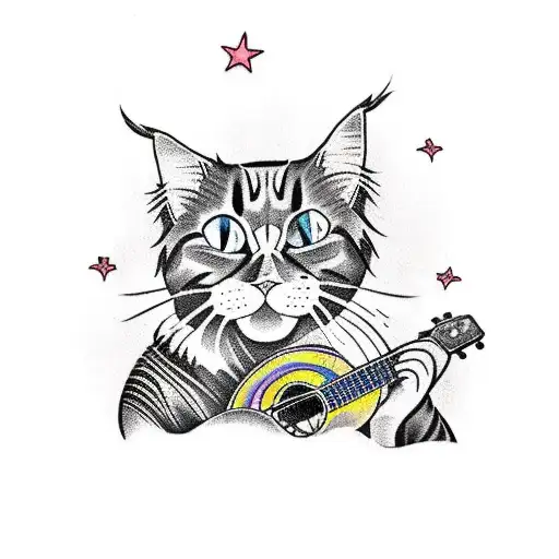 A traditional-style tattoo of a Maine Coon cat wearing a Hawaiian shirt and playing the ukulele on a tropical beach tattoo design idea