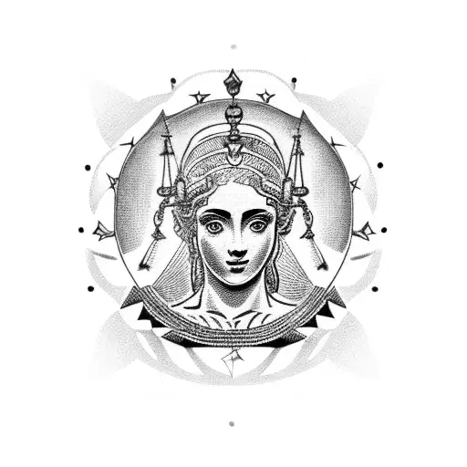 A dotwork tattoo of the Greek goddess Athena holding a globe, symbolizing her wisdom and travels tattoo design idea