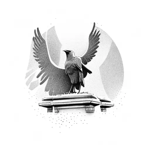 "the thinker" statue, on a greek podium, with a raven on his back tattoo design idea