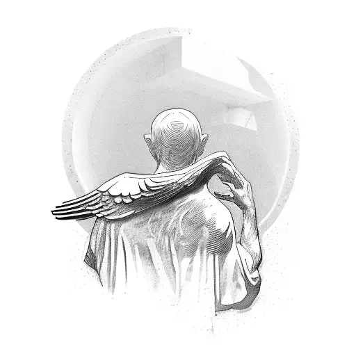 "the thinker" statue, on a wethered greek podium, with a raven on his back tattoo design idea