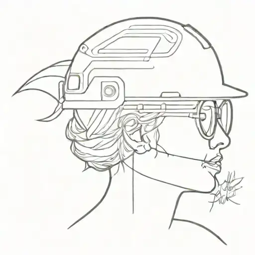 One line drawing, profile of a woman wearing glasses and a safety helmet with the inscription TMK quality tattoo design idea