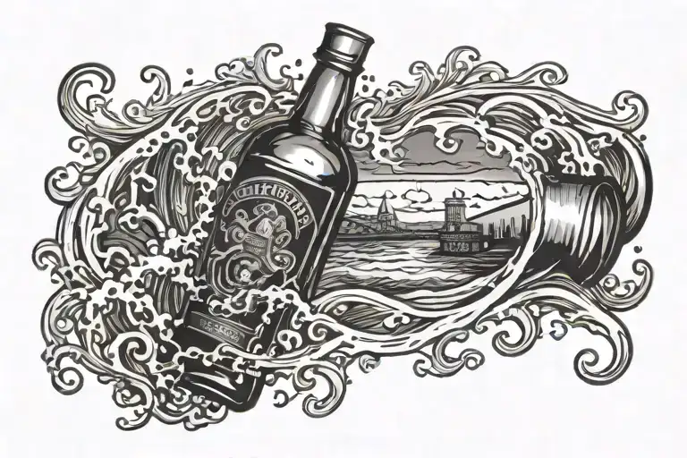 whiskey bottle pouring a river flowing tattoo design idea