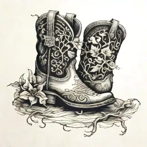 worn out cowboy boot with tree frog coming out of boot tattoo design idea
