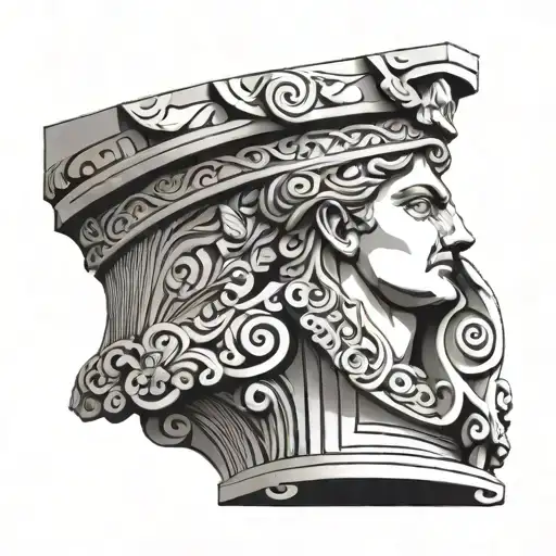 ancient sculpture head, broken Greek column or column, elegant design. lines elements and an impressive word tattoo design idea