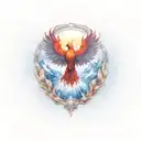 A majestic phoenix rising from the flames with snow-capped mountains in the background tattoo design idea